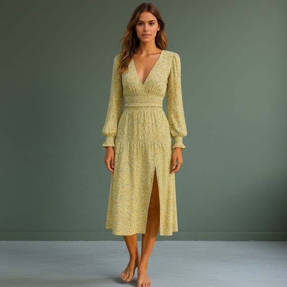AFRM Yellow Floral Smocked Midi Dress XS